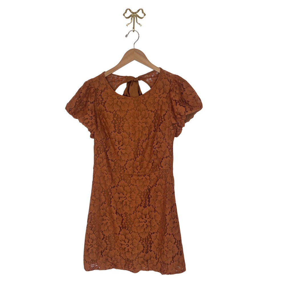 Free People Pretty Penny Lace Mini Dress Rust Brown Open Back Tie Size M NEW